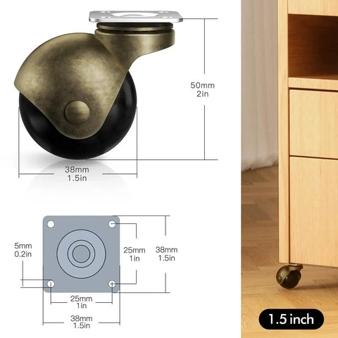 4 Pack Ball Caster Wheels Set 1.5 Inch Brass Plate Swivel Casters With Screws For Furniture Kitchen Cabinets Tables Durable Polyurethane Wheels Heavy Duty Brackets Smooth Rolling, Maximum Load 200 Lbs