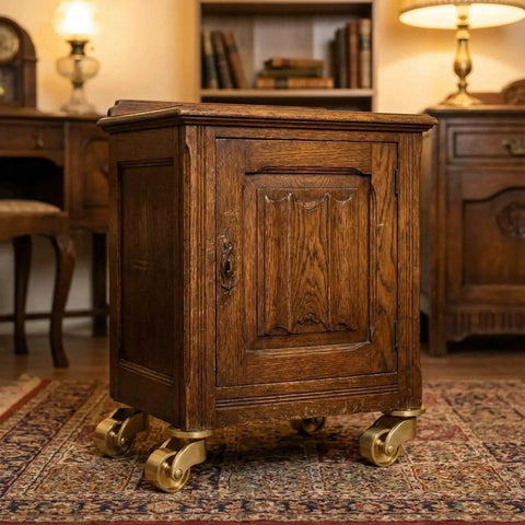 Wooden cabinet on Universal Brass Caster Wheels 21mm 360 Degree Swivel Stem Casters Set Of 4 in a vintage room setting.