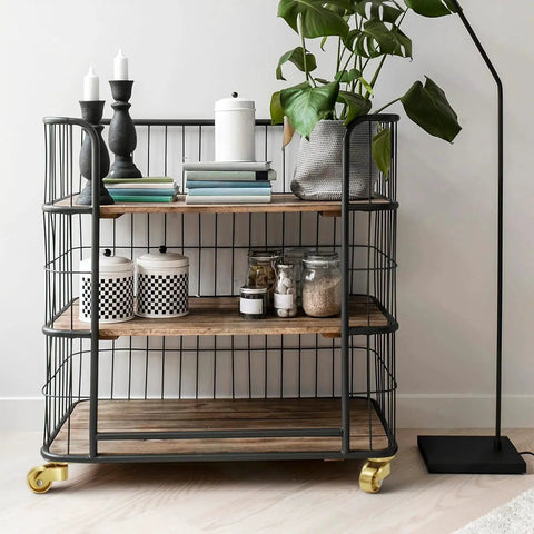 Metal and wood trolley shelf with Universal Brass Caster Wheels 21mm 360 Degree Swivel Stem Casters Set Of 4 With 12 Screws