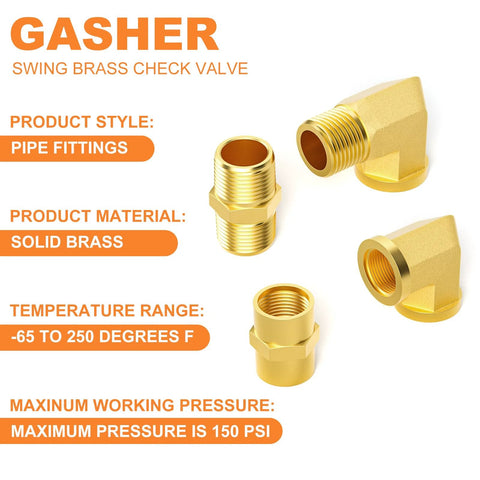 GASHER brass pipe fittings set, 8 pcs, 1/4 in NPT; hex nipples, hex couplings and 90-degree street elbows