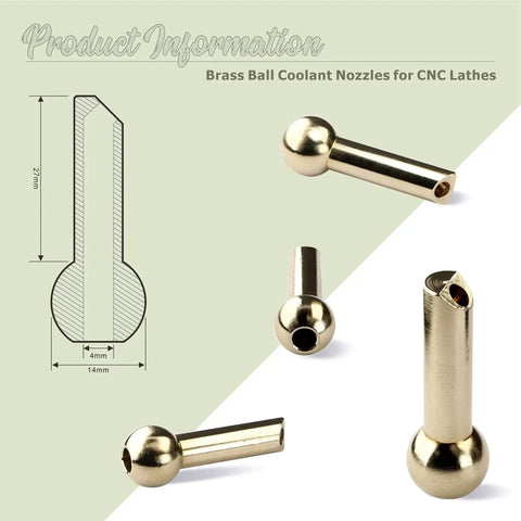 Diagram and photo of 5 Piece Brass Ball CNC Cooling Nozzle Set with 14mm ball diameter, slanted hole, brass material