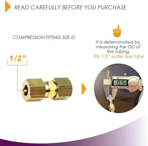 Two Pack Brass Compression Tube Fittings For Ice Maker Water Line Union 1/2 Inch To 1/2 Inch OD with size measurement