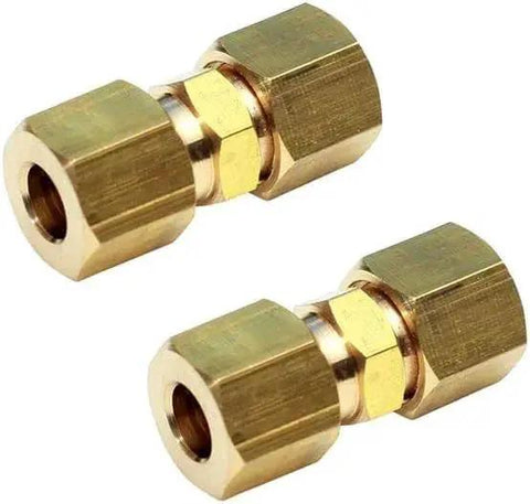 Two Pack Brass Compression Tube Fittings For Ice Maker Water Line Union 1/2 Inch To 1/2 Inch OD with hex heads and deep threads