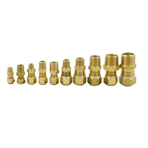 Assorted brass fittings with different sizes on a white background, similar to Brass DOT Air Brake Hose Fitting Male Connector