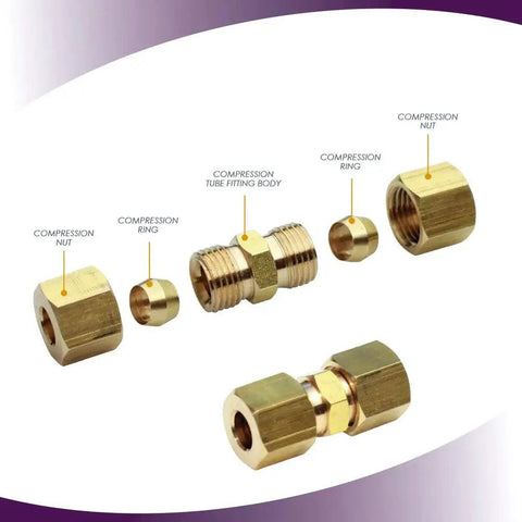 Brass Ice Maker Water Line Compression Fittings Pack Of Five Quarter Inch Outer Diameter To Quarter Inch Outer Diameter With Hex Heads On Both Sides.
