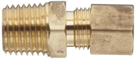 Side view of Anderson Metals quarter inch compression to quarter inch male pipe brass tube fitting connector with nut sleeve and body.
