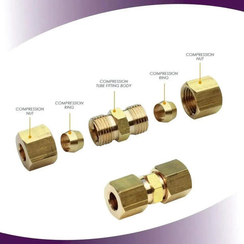 Two Pack Brass Compression Tube Fittings For Ice Maker Water Line Union 1/2 Inch OD with hex heads and deep threads