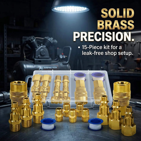 15-Piece Air Compressor Fittings Kit With 1/4 NPT Quick Connects, Solid Brass Connectors, and Storage Case in workshop