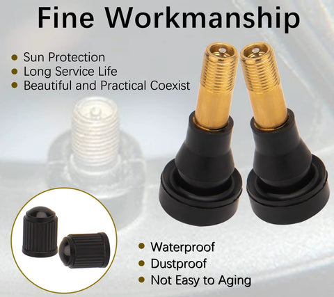 Tire valve stems TR600HP, brass with rubber snap-in base; pair with black caps, heavy-duty, 100-pack, Amazon brand