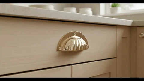 Installed brass cup handle with elegant scalloped shell design on kitchen cabinet drawer for easy gripping