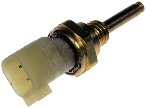 Automotive cylinder head temperature sensor with brass body, threaded connection, and white plastic connector.