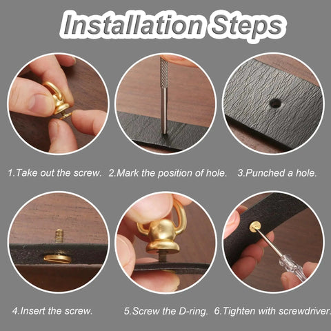 Installation steps for 4 Pieces D Rings For Brass Rivets Rotatable 360 Degree Strap Hardware Ball Button Studs