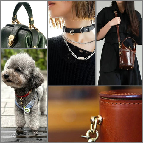 Collage showing uses of 4 Pieces D Rings For Brass Rivets Rotatable 360 Degree Strap Hardware in handbags, dog collars, and leather crafts.