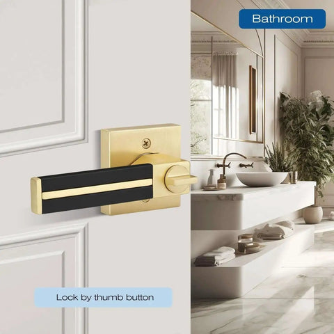 Three Pack Brass Door Handles With Black Leather Levers shown on bathroom door, featuring privacy lock and modern design.