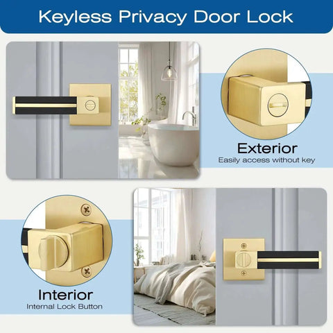 Image showing Three Pack Brass Door Handles with Black Leather Levers in a bathroom and bedroom setting, focusing on turn thumb lock.