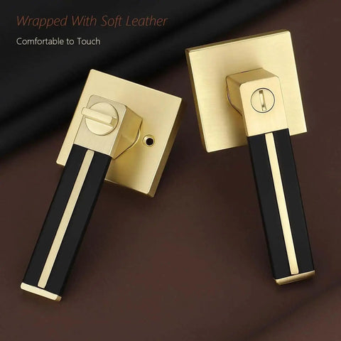 Three Pack Brass Door Handles With Black Leather Levers, Gold Privacy Door Levers For Bed And Bath, close-up on square backplate