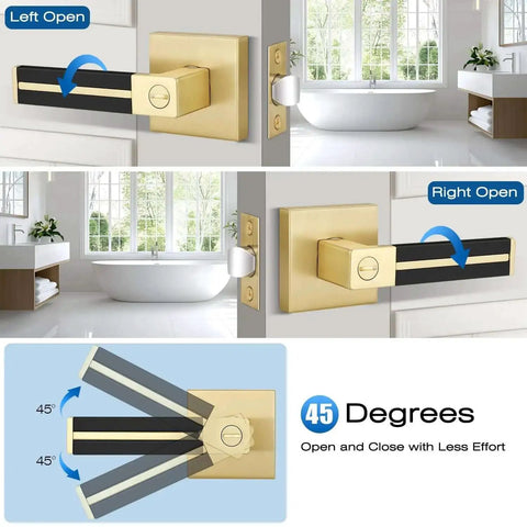 Three Pack Brass Door Handles With Black Leather Levers, Gold Privacy Door Levers for Bed and Bath showing left and right open options.