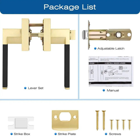 Package contents of Three Pack Brass Door Handles With Black Leather Levers, including latch, lever set, strike plate, and screws.