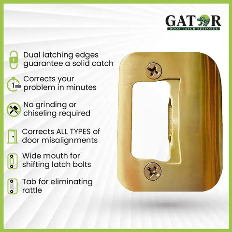 Quick DIY fix for doors that won't stay closed, this universal latch strike plate with screws in alloy steel and bright brass finish.