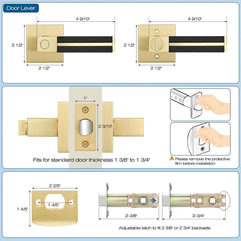 Diagram of Three Pack Brass Door Handles With Black Leather Levers with dimensions and installation guide for bed and bath privacy doors.