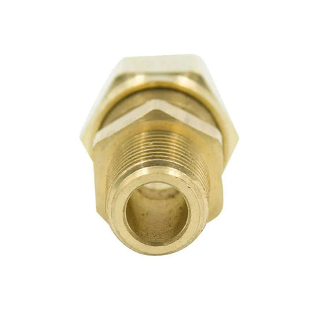 Close-up of Brass DOT Air Brake Hose Fitting Male Connector, 3/8 inch OD, 1/4 inch NPT, compression style for nylon tubing