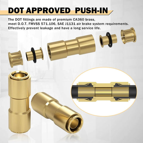 Six Pack One Half Inch Brass DOT Air Line Fittings Straight Union Quick Connects For Semi Trucks And Industrial Air Systems