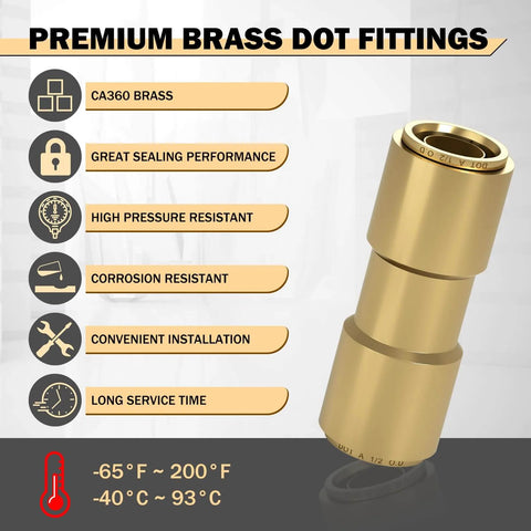 Six Pack One Half Inch Brass DOT Air Line Fittings Straight Union Quick Connects For Semi Trucks And Industrial Air Systems, Durable Brass Construction, Meets FMVSS 571.106 And SAE J1131 Standards, Corrosion Resistant, Easy Install.