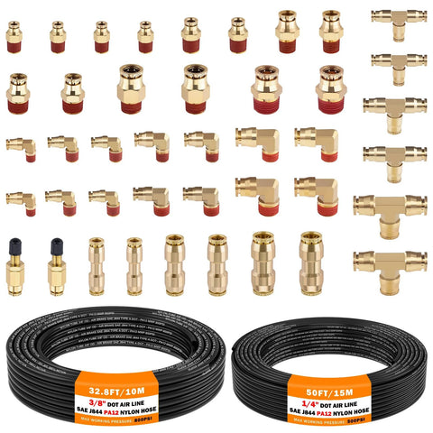 CheeMuii brass DOT air line fittings kit with two nylon hoses, 50 ft of 1/4 in and 32.8 ft of 3/8 in line.