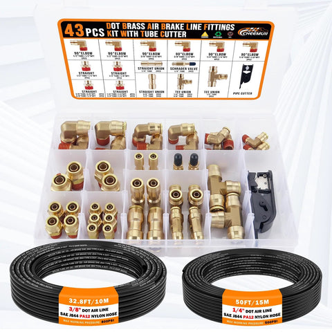 CheeMuii 43-piece brass DOT air fittings kit with 50ft 1/4in and 32.8ft 3/8in nylon hoses in a plastic organizer