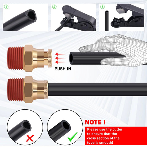 Brass DOT Air Line Fittings Kit With 50 Ft 1/4 In And 32.8 Ft 3/8 In Air Hose 43 Piece Set showing installation instructions with fittings.