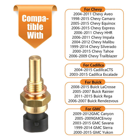 GKmow engine temperature sensor (ECT) with gold brass body and black connector; for Chevy, Cadillac, Buick, GMC.