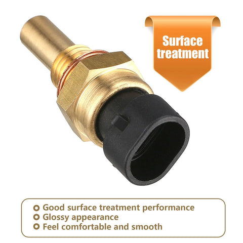 Engine temperature sensor (ECT) with brass/gold body and black plastic connector, Delphi-compatible.