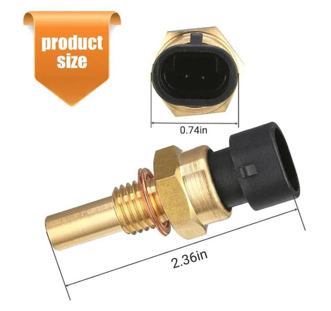 Engine temperature sensor (ECT) with gold brass body and black Delphi-style connector, 2.36in long