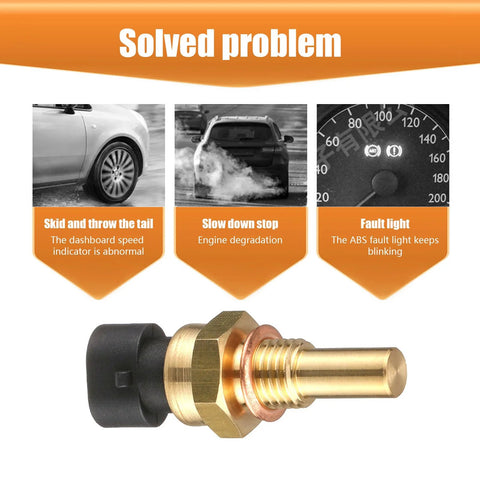 Engine temperature sensor (ECT) with brass threaded probe and black plastic connector, Delphi-compatible