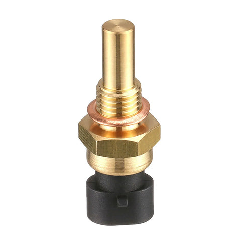 Engine coolant temperature sensor with brass body, threaded shaft, and black plastic connector