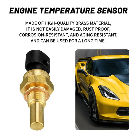 Engine coolant temperature sensor, brass body with black connector, shown beside a yellow sports car.