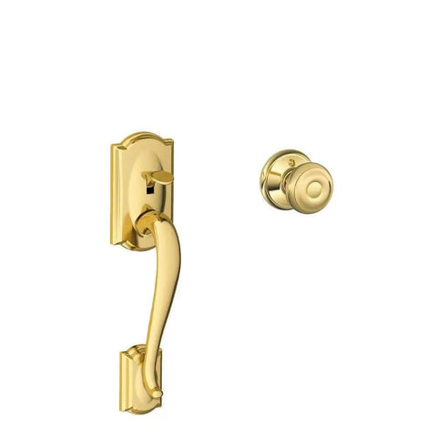 Durable front entry handleset with Georgian knob in bright brass delivers premium metal construction, enhanced security and curb appeal; pair with a smart lock or mechanical deadbolt for flexible, stylish exterior protection and lasting performance.