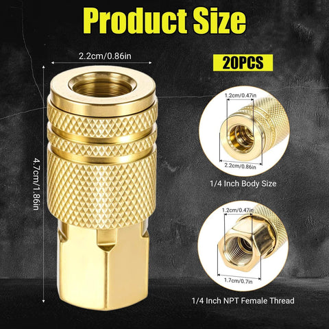 20 Pack One Quarter Inch Brass Female Industrial Couplers Bulk Kit For Air Hoses And Quick Connects, showing product dimensions.