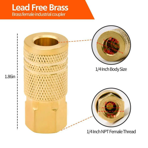 10 Pack 1/4-Inch Brass Female Industrial Couplers Quick Connectors For Air Hose Fittings NPT Female, side view