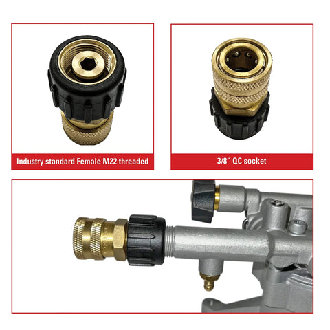 Front view of replacement QC socket for pressure washer pumps, brass, female M22 threaded, gold finish.

Close-up of 3/8 in QC socket, brass body with knurled grip and black collar.

Installed QC socket on pressure washer pump assembly, brass fitting attached to gray casting.