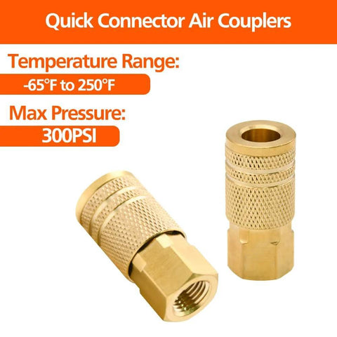 10 Pack 1/4-Inch Brass Female Industrial Couplers Quick Connectors For Air Hose Fittings NPT Female, 300 PSI Max