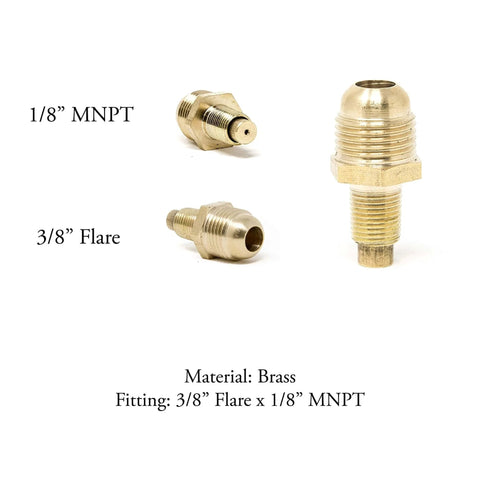 Close-up of brass fittings for Propane Regulator With Four Foot High Pressure Hose Brass Orifice Three Eighths Flare And One Eighth MNPT.