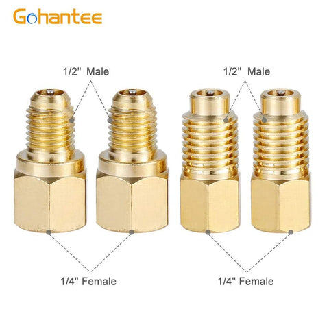 GoHantee brass R1234yf quick coupler adapters set, four 1/2 in male to 1/4 in female connectors for AC refrigerant hoses