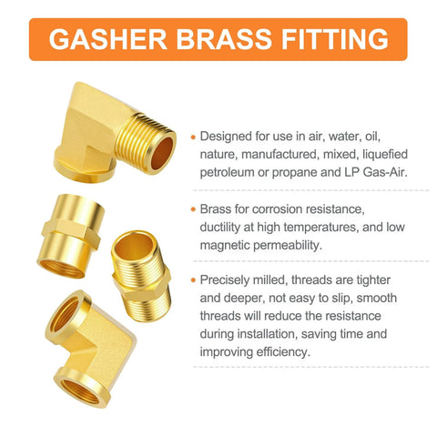 GASHER 8-pack brass 1/4 in NPT pipe fittings: hex nipples, hex couplings, 90-degree street elbow for air hoses