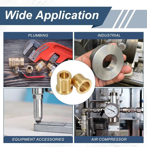 Collage showcasing uses of Three Piece Brass Flange Bearings Set With Self Lubricating Sleeve Bushings in plumbing, industrial, and air compressors.