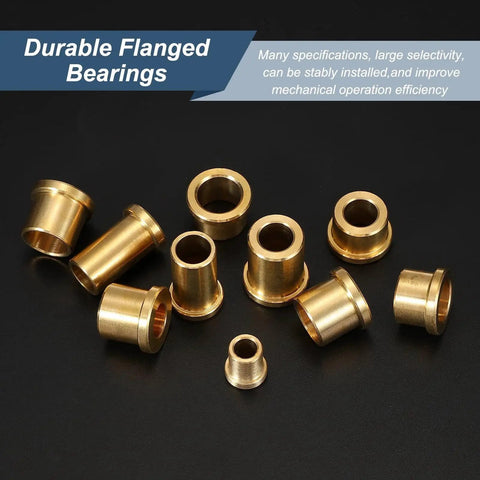 Three Piece Brass Flange Bearings Set With Self Lubricating Sleeve Bushings displayed on black background