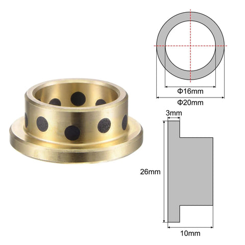Self Lubricating Flanged Sleeve Bearings 16mm Bore 20mm OD 10mm Length 26mm Flange Diameter 3mm Flange Thickness Brass With Graphite Oil Free 2 Pack Set with diagram