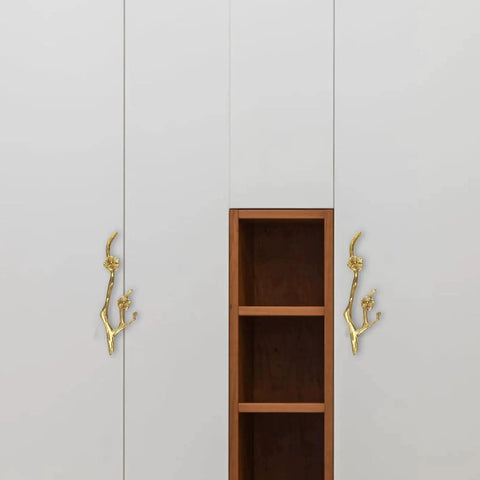 Brass Flower Branch Cabinet Handle 5.91 Inch Blossom Drawer Pull Knob installed on white cupboard doors