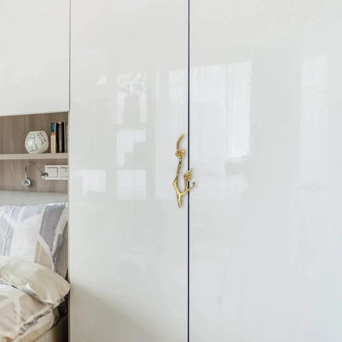 Brass Flower Branch Cabinet Handle 5.91 Inch Blossom Drawer Pull Knob installed on white wardrobe door