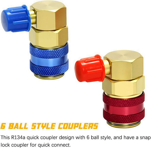 Quick Coupler For One Quarter Inch SAE Flare Fittings, Brass Freon R134A Adapter Kit shown in blue and red with 6 ball style